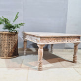 Indian Hand Solid Wooden Rustic Coffee Table Whitewash 90x90x55cm
